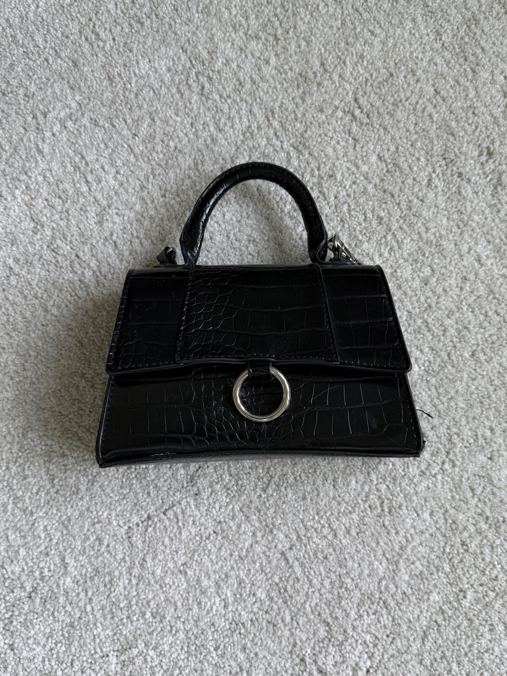Black Croc-Embossed Top Handle Bag with Silver Ring Accent